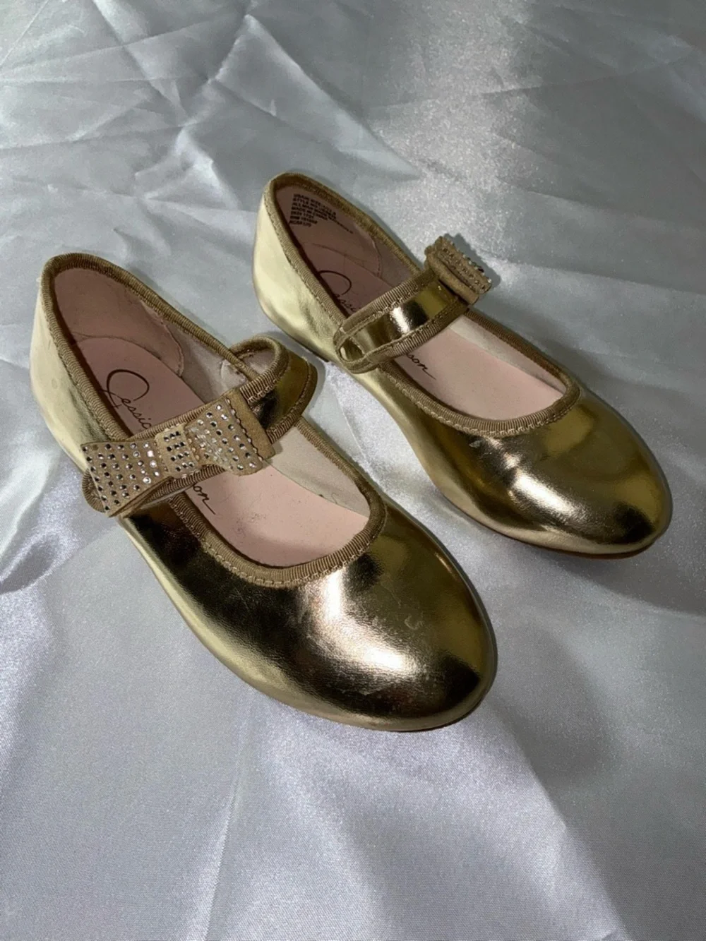 Jessica Simpson Girls Gold Mary Jane Bow Flats Size 1